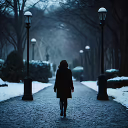 a person walking down a sidewalk between two lampposts
