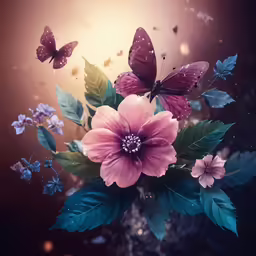 the bouquet of flowers is depicted against the background of butterflies