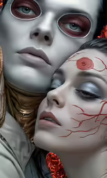 two female faces are posed in a surrealistic fashion