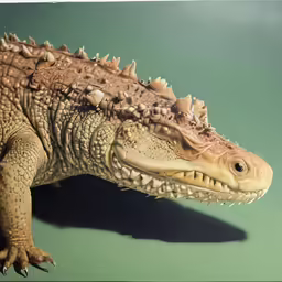 a stuffed crocodile that is posed against a green background