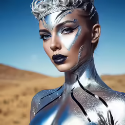 a woman with white and silver makeup in a desert setting