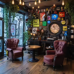 several red chairs and a clock mounted to the wall