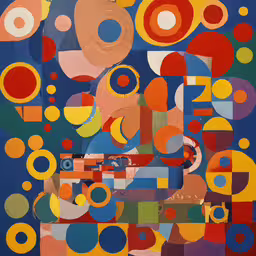 the painting is colorfully arranged and has many circles,colorful abstract painting with circles and bubbles on a blue background