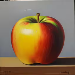 an apple sitting on a table in front of a blue background,painting of an apple on a shelf,painting of a painted apple on a wooden table,the large red and yellow apple is on display,an acrylic painting of a red and yellow apple on display