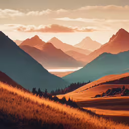 a scenic landscape with mountains and grassy land,there are mountains in the background near a lake