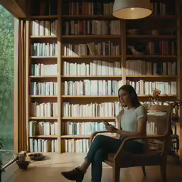 an asian woman sitting in a chair reading a book