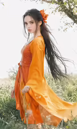 a beautiful woman with long hair is posing for the camera