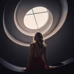 a woman in red dress sits in front of a circular window