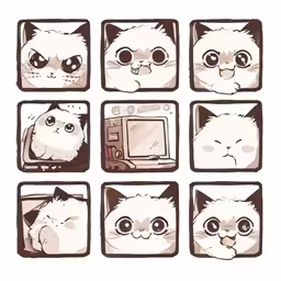 a white cat is sitting in different square pictures