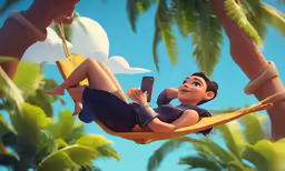 the girl is laying on a hammock looking at her phone
