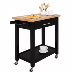 a small wooden table with drawers and a cutting board
