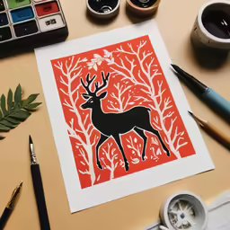 a deer is depicted on an orange background with white foliage