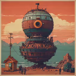 some guys looking at a giant object and it is the poster,a painting shows an unusual building with a round top