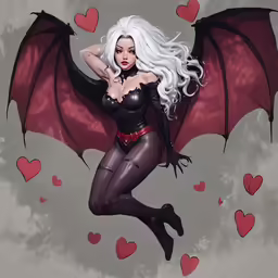 a drawing of a white - haired woman wearing black and red in hearts