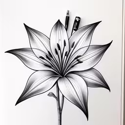 a pencil drawing of a lily on a piece of paper,a flower drawn on a white board by pen,a black and white picture of a flower,a pencil drawing of a white flower on a white paper,a black and white drawing of a flower on paper