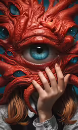 a woman looks through an eyeball with tentacles surrounding her face