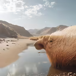 a shaggy brown animal standing on a sandy beach