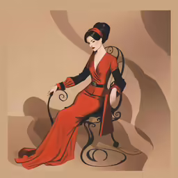 a painting of a woman sitting on a chair wearing a red dress