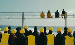 there are people on top of a wooden deck watching people in yellow construction hats