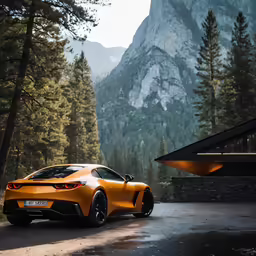 the rear end of a yellow bmw car in front of some mountains