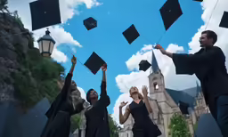 three women holding black hats, graduation gowns and throwing them in the air