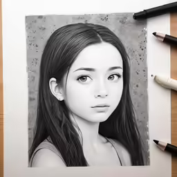 a pencil drawing of a young girl with long hair