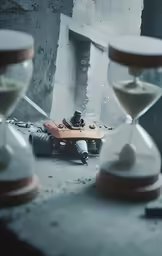 the man sits on top of a sand - scale with an hourglass under it