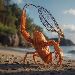 a crab is on the beach with a plant in its paws