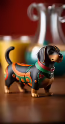 a figurine of a black dachshund dog on a table