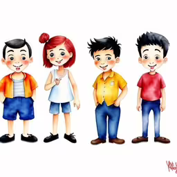 a family posing for a picture while wearing a red hair,a painting of five kids standing side by side,three boys and a girl, one wearing orange shirt,a family that is standing in the line,an illustration of three different boys and a girl