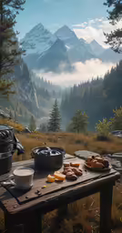 a table that has food on it in the middle of a field