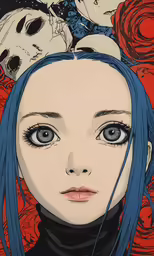 a cartoon girl with blue hair is wearing skulls and a skull headdress