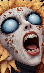 a strange looking zombie doll with blue eyes and long hair