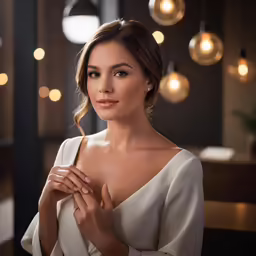 a woman is posing in front of several lights