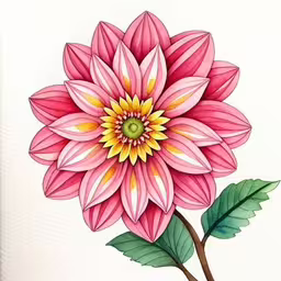 watercolor drawing of a pink flower with green leaves,an artistic picture of pink flower with a green stem,a drawing of a pink flower with a green leaf on top,a pink flower with green leaves on it,a pink flower with green leaves on the stem