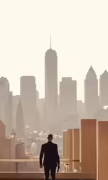 a man in a suit standing on top of a building overlooking a city