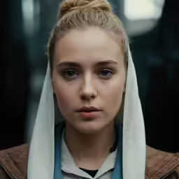 a girl with a hooded jacket stares into the camera