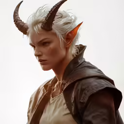 an evil looking woman with horns and white hair