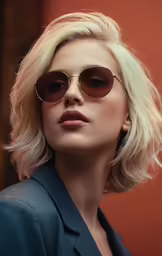 a woman with blonde hair is wearing round sunglasses