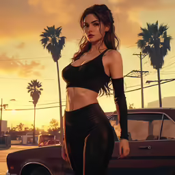 a woman with her hands in her pockets standing in front of a car