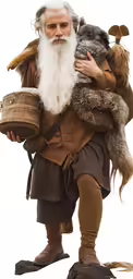 man wearing a large beard, with long white hair, wearing a leather brown outfit and carrying two bears