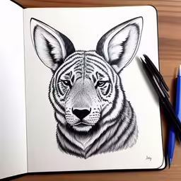drawing with a sharp point pen using markers of a tiger,the tiger is drawn on the book on a desk