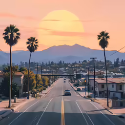 cars drive down an empty city street with a rising sun