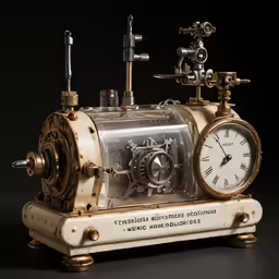 the antique clock is mounted on a metal stand