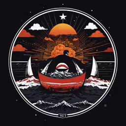 a boat is sailing in the water under an orange sky,a black and red shirt with a boat in the water