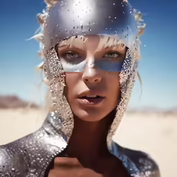 this image shows a woman with white hair and a helmet