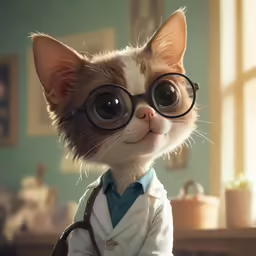 a cat with glasses on his face in front of a window