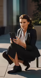 a woman sitting down on a chair holding a cell phone