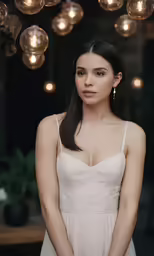 the woman has long dark hair in her dress