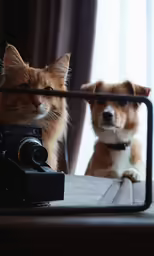 a cat and a camera on a table